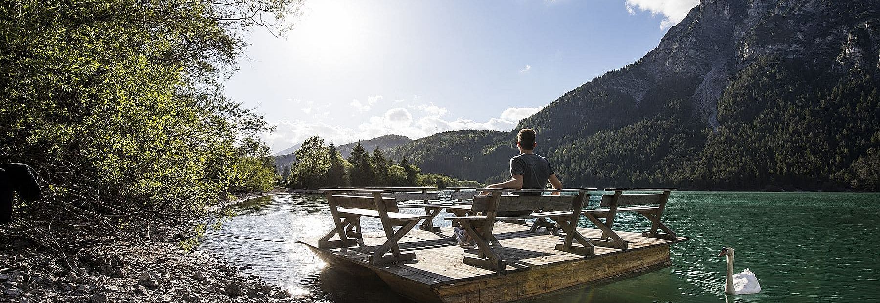 Mann genießt Aussicht auf dem Holzfloß am Seeufer mit Schwan